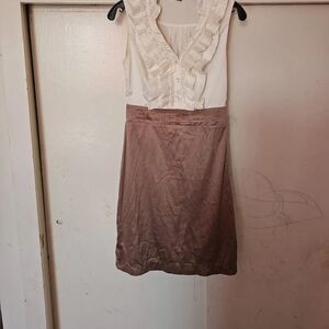 Chic White and Brown Ruffled Midi Dress
